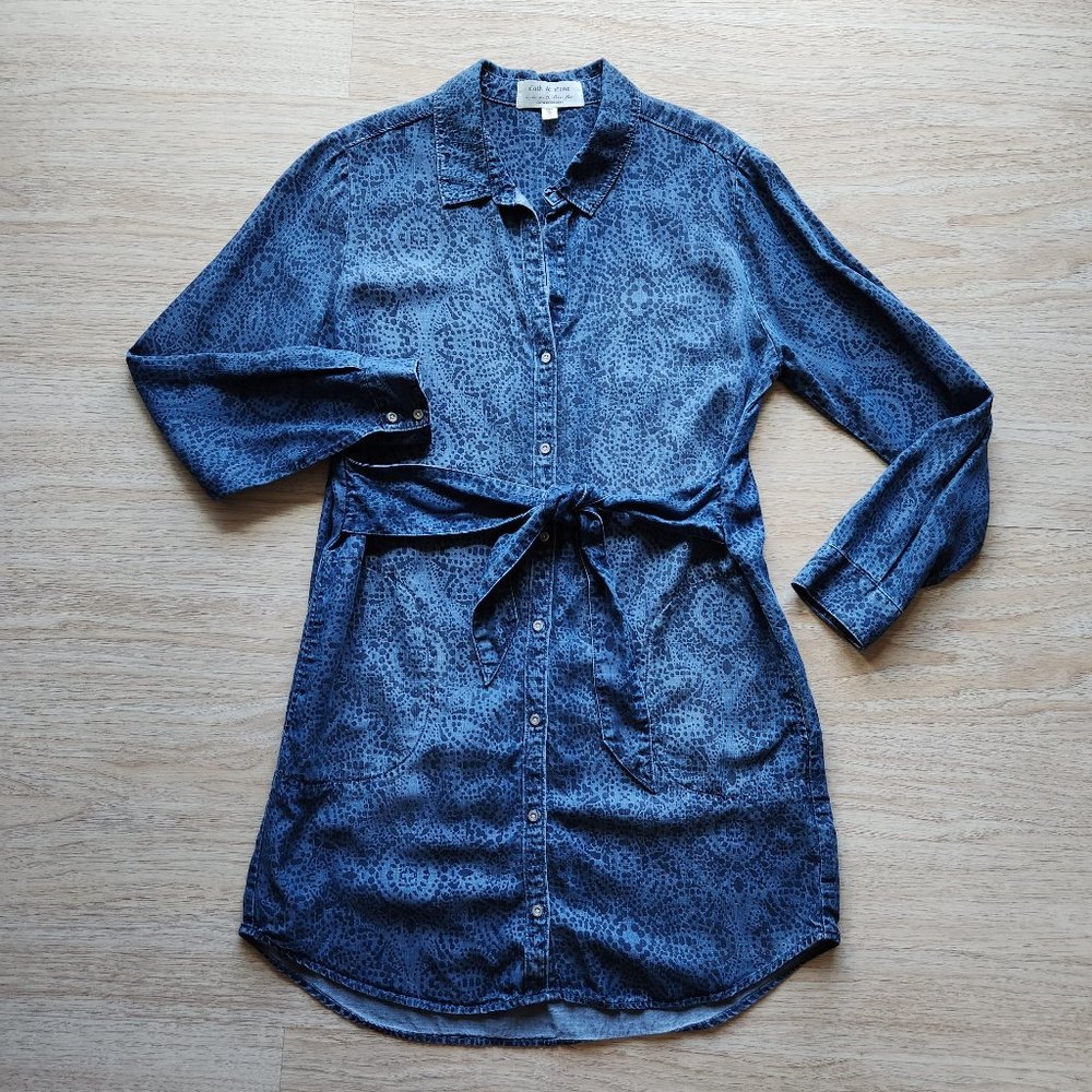 Cloth & Stone Anthropologie Blue Chambray Floral Shirt Dress Tie Waist Tencel - Picture 6 of 11